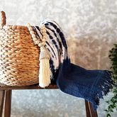 Blue & White Raw Cotton Tie-Dye Throw with Blue Fringe | 119×224cm